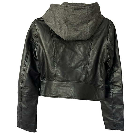 Bod & Christensen NWT Alisson Black Leather Moto Biker Jacket Gray Hoodie Sz S - Picture 3 of 14